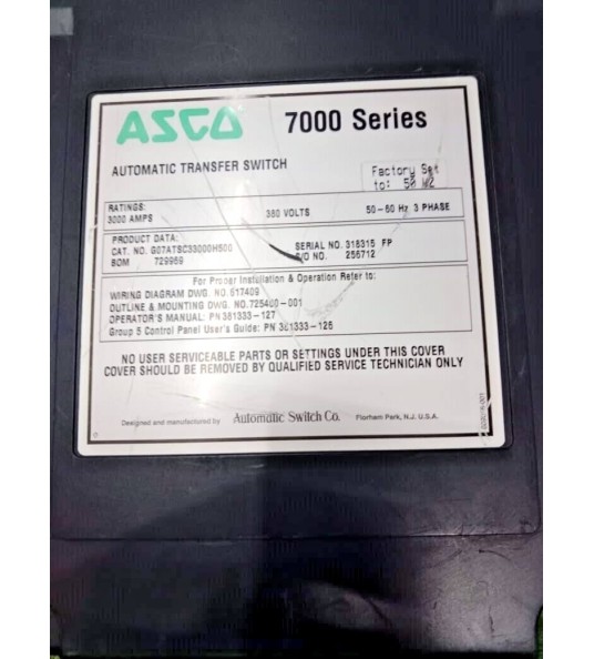 K601800-002 Asco 7000 Series Group 5 Automatic Transfer Switch 3000 AMPS